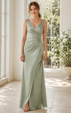 Elegant Sage V-Neck Sleeveless Satin Sheath Floor-Length Ruched Formal Guest Dress