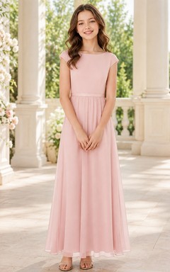 Elegantes, zartrosa Brautjungfernkleid in A-Linie mit Schmucksteinen und kurzen Ärmeln