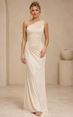 Evening Gown Ivory Jersey Sheath One Shoulder Sleeveless Ruched Floor Length