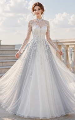 Graues Winterkleid in A-Linie, hoher Kragen, lange Ärmel, bodenlang, Schleppe, schlichtes Kleid
