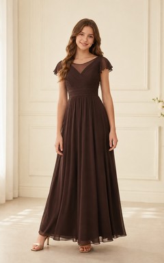 Vestido de dama de honor juvenil marrón, corte en A, escote en V, manga corta, fruncido, elegante.