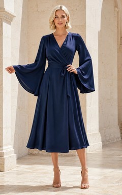 Vestido largo de gasa azul marino con escote en V y mangas acampanadas hasta la rodilla.