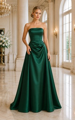 Vestido de noche verde oscuro de satén, corte en A, sin tirantes, largo hasta el suelo.