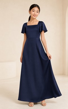 Minimalist Dark Navy Short Sleeve Satin Square A-Line Floor-length Junior Bridesmaid Dress