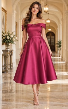 Vestido de dama de honor elegante, elegante, de satén, con estructura plisada, estructurada y falda acampanada, de largo hasta la rodilla, color frambuesa vintage.