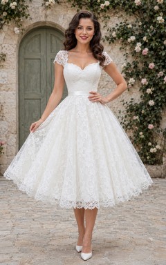 Vintage Sweetheart Cap Sleeve Lace A-Line Tea-Length Romantic Courthouse Wedding Dress
