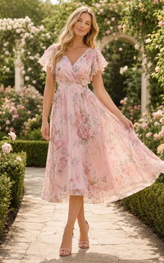 Blush Botanical Garden Wedding Guest Dress A-Line Chiffon V-Neck Short Sleeve Tea-Length Floral