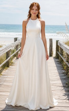 Vestido de novia de gasa y tul para la playa, corte en A, escote halter, sin mangas, largo hasta el suelo.