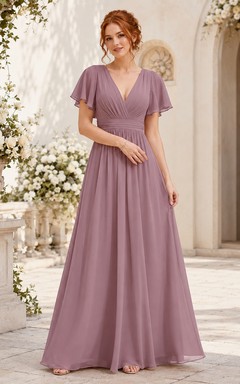 Mauve ruched waist flutter sleeve chiffon floor length bridesmaid gown