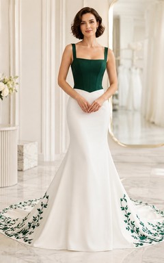 Emerald Embroidered Bridal Sheath Square Sleeveless Sweep Train Modern Elegant Gown