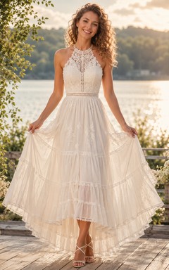 Summer Halter High Neck Crochet Lace Tiered High Low Boho Wedding Dress