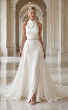 Halter Satin A-Line Wedding Dress with Side Split and Train
