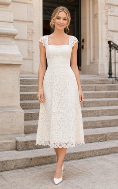 Vestido de novia civil midi sencillo de encaje con mangas cortas