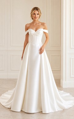 Vestido de novia de satén con escote Bardot y corte en A, corpiño tipo corsé.