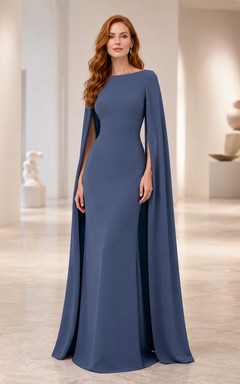 Robe de soirée cape en crêpe bleu acier à manches longues