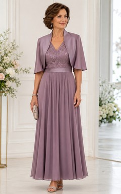 A-Line V-Neck Short Sleeve Chiffon Mother Dress with Lace