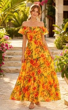 Yellow Tropical Floral Off Shoulder Vacation Maxi Dress
