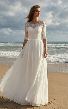 Strandhochzeitskleid aus Spitze, 3/4-Ärmel, Chiffon, A-Linie