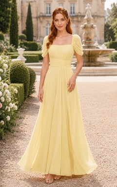 Daffodil Chiffon-Abendkleid mit eckigem Ausschnitt und A-Linien-Schnitt