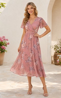 Dusty Rose Floral V-Neck Flutter Sleeve Garden Guest Dress Romantic