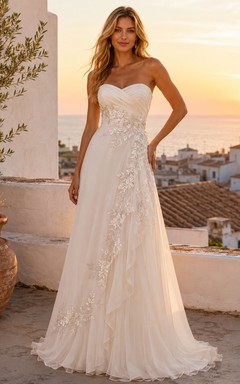 Romantic Strapless Sweetheart Ruched Chiffon A Line Sweep Train Beach Wedding Dress