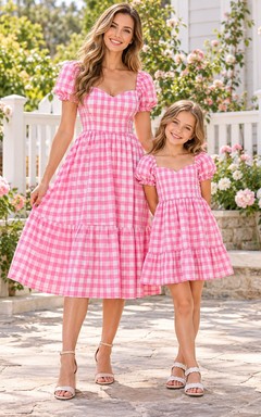 Robe assortie pour toute la famille, rose bonbon à carreaux vichy, manches bouffantes, longueur thé