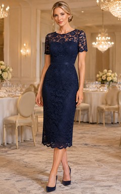 Dark Navy Lace Illusion Cap Sleeve Pencil Banquet Midi Dress