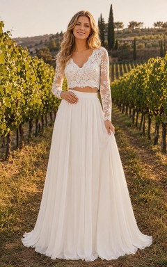 Boho-Hochzeitskleid, zweiteilig, langärmelig, aus Spitze und Chiffon, mit Weinberg-Motiv