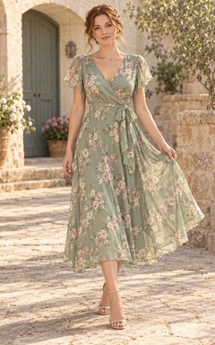 Vestido de fiesta de gasa color verde salvia vintage con escote en V y mangas con volantes, largo hasta la rodilla, para invitada de boda.