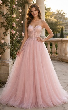 Blush Strapless Sweetheart Sheer Corset Tulle A-Line Floor Length Prom Dress