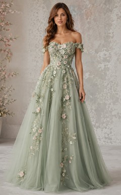 A-Linien-Abendkleid aus Spitze mit schulterfreiem, ärmellosem Design und Blumenapplikationen, bodenlang
