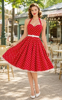 Robe de cocktail vintage rouge à pois, dos nu, sans manches, en satin, longueur thé