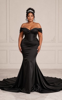 Plus Size Black Off-the-shoulder Satin Mermaid Wedding Dress