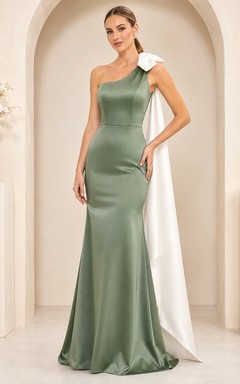 Sage Green Prom Satin One-Shoulder Mermaid Cape Formal Dress