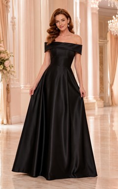 Black Satin Off Shoulder A Line Floor Length Ball Gown