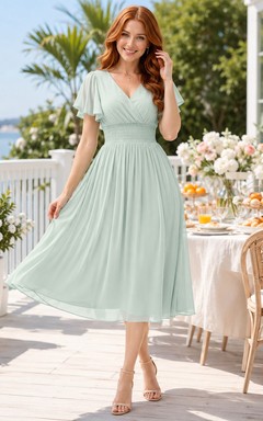 Mint V-neck flutter sleeve pleated chiffon A-line midi dress