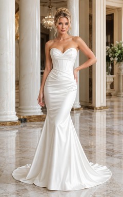 Satin-Brautkleid mit herzförmigem Ausschnitt, trägerlos, gerafft, Meerjungfrauenschnitt und Schleppe