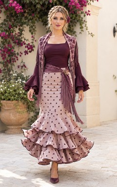 Vintage Pflaumenfarbenes, gepunktetes Rociero-Zweiteilerkleid mit asymmetrischen und tiefen Glockenärmeln