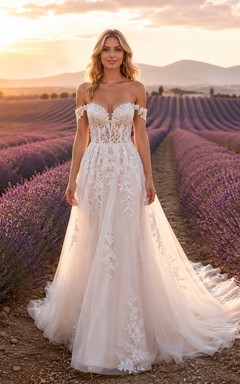 Lace Wedding Dress A-Line Off Shoulder Sweep Train Low V Back Bridal Gown