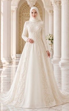 Schlichtes muslimisches, einfarbig besticktes, langärmeliges Brautkleid in Kapellenform