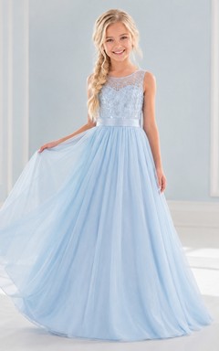 Sky Blue Lace Cap Sleeve A Line Floor Length Flowergirl Dress
