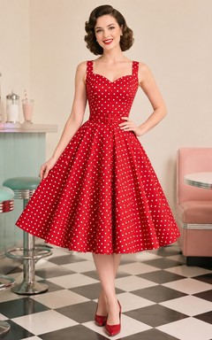 Vestido de cóctel vintage rojo de lunares, sin mangas, de algodón, corte en A, largo hasta la rodilla