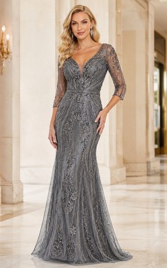 Steel Grey V Neck Lace Sleeve Mermaid Mother Dress