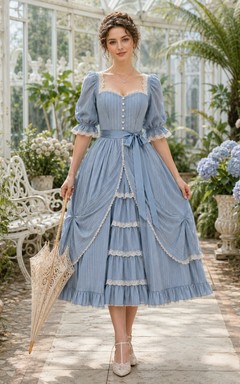 Vintage stahlblaues, eckiges A-Linien-Gartenkleid mit halben Ärmeln und Stufenrock in Teelänge