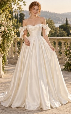 Schlichtes Brautkleid aus Satin mit gerafftem Oberteil, schulterfreiem Schnitt, kurzen Ärmeln und Schleife, A-Linie, bodenlang