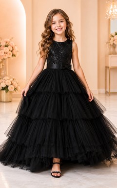 Black Sequined Sleeveless Tiered Tulle Ball Gown Flowergirl Dress