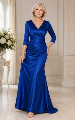 Royal Blue V-Neck Satin Mother Dress With 3/4 Sleeves