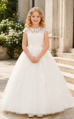 Blumenmädchenkleid, elfenbeinfarben, aus Spitze und Tüll, A-Linie, kurze Ärmel, Rundhalsausschnitt, bodenlang, mit Schärpendetails