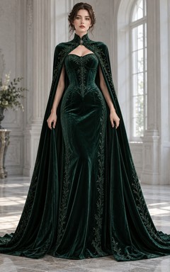 Robe de soirée gothique en velours vert à col montant, corset et cape, style cape.
