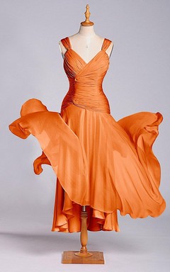 A-Linien-Kleid mit Trägern, Teelänge, Raffungen und Reißverschluss